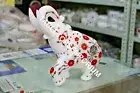 12" White Marble Trunk Up Elephant Statue Carnelian Inlay Floral Decor H5717A