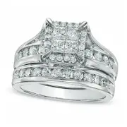 1.5 CT. T.W. Quad Princess-Cut Natural Diamond Bridal Engagement Ring Set in Solid 14K White Gold