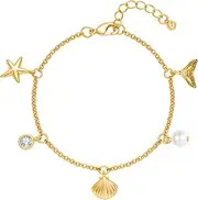 [Generic] Bohemian Beachy Crystal Beads Glow Beads Anklet Bracelet with Pearls for Weddings Beach Party (Gold Chain)