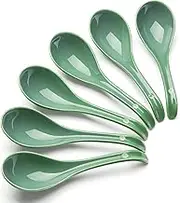MKCYHE Asian Soup Spoon Set of 6, Ceramic Green Chinese Soup Spoons,Deep Oval Hook Design,Japanese Soup Spoon for Ramen Pho Miso Wonton.