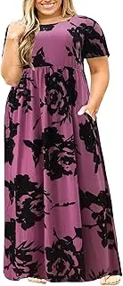 [Nemidor] Women Short Sleeve Loose Plain Casual Plus Size Long Maxi Dress with Pockets (26, Purpleprint)