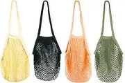 [4 Pack] Premium Mesh Grocery Bags, Reusable Produce Bags, Long Handle Net Tote Bags, 100% Cotton String Bags, Fruit and Vegetable Bags, 4 colors (Portable/Washable/Durable)