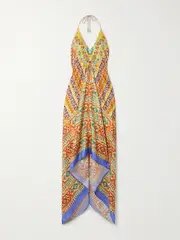 [Etro] Etro - Asymmetric Floral-print Silk-twill Halterneck Dress - Yellow - large large Yellow