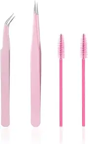 Stainless Steel Lash Extension Tweezers, Lash Tweezer Straight and Curved Tip for Eyelash Extension Applications with Eyelash Brush (4PCS)