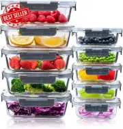 Glass Food Storage Containers 10 Pack, Glass Meal Prep Containers with Snap Lock