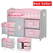 3-in-1 Wooden Baby Doll Crib, Changing Table & Storage - Pink/Gray Polka Dots