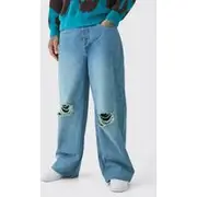 Mens Stonewash Tall Baggy Fit Distressed Jeans