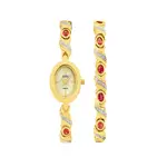 Elite Ladies Ruby Red Watch & Bracelet Set in Gold