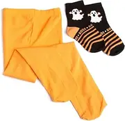 [Jefferies Socks] Little Girls' Halloween Ghostly Scares Socks and Pima Cotton Tights - Orange