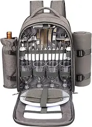 Hap Tim Picnic Backpack Bag for 4 Person with Cooler Compartment, Detachable Bottle/Wine Holder, Fleece Blanket, Plates and Cutlery Set Perfect for Outdoor, Sports, Hiking, Camping, BBQs (Light Grey)