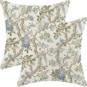 [GIOPAMGO] Chinoiserie Spring Pillow Covers, 18x18 Set of 2, Blue Floral Green Leaf Birds Throw Pillow Covers, Linen Farmhouse Decor, Cushion Case, Home Decor for Couch Sofa