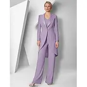 Pantsuit 3 Piece Mother of the Bride Elegant V Neck Floor Length Stretch Fabric Long Sleeve Wrap Included with Solid Color 2025
