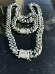 Miami Cuban Bracelet & Chain Set Stainless Steel 14mm Solid Silver CZ Clasp