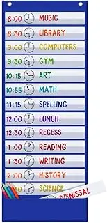 Godery Scheduling Pocket Chart, 13+1 Pocket, Daily Class Schedule Pocket Chart with 18 Dry-Eraser Cards, Ideal for Classroom Office School Home Used, Over-Door Mount (Blue)