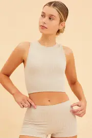 Beige Bone Seamless Tank Top High Neck Rib Crop - Size S, Women's Tank