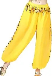 [Leemiman] Women Belly Dance Costume Harem Pants Indian Dance Trousers Bollywood Hanging Coin Sequins Lantern Pants Chiffon