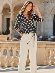 Sosandar Black Spot Print Peplum Hem Wrap Top (B65991) | $113