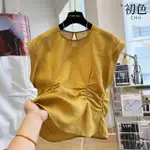 【初色】棉麻風腰部褶皺圓領無袖T恤上衣女上衣-共3色-36417(M-2XL可選)