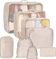 kingdalux 8 Set Packing Cubes for Suitcases, Travel Luggage Packing Organizers with Laundry Bag, Compression Storage Shoe Bag, Clothing Underwear Bag, for Man & Women
