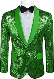 [SWJGLITTR] Men Sequin Tuxedo Blazer Jacket One Button Party Festival Tuxedo Coat Regular Wedding Party Prom Suit, Green, XXL