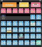 25x24 Inch Classroom Calendar Pocket Chart with 104 Cards Hanging Chart with Hooks for Homeschool Supplies