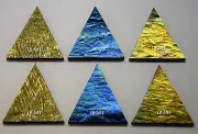 6 DARK IRIDIZED 1 1/2" TALL TRIANGLES 3mm BULLSEYE 90 COE GLASS