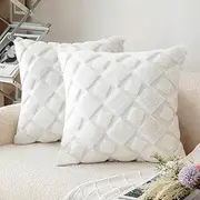 CJWLKJ 2Pcs Soft Faux Fur Throw Pillow Covers 18x18 - Plush Short Wool Velvet Decorative Pillow Covers - Couch Sofa Pillow Covers for Living Room - with 3D Plaid Pattern (White)
