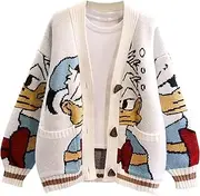 [Leyoutx] Womens Cute Embroidery Cartoon Duck Cable Knit Cardigans Sweater Button Down Slouchy Wool Blend Coat