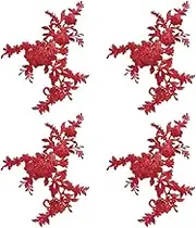 HOBBIESAY 4Pcs Embroidery Sequin Lace Applique Red Flower Appliques Sewing Floral Fabric Patches Decorative Repair Patches for Women Wedding Dress Gown Bodice Costume Clothing Craft DIY