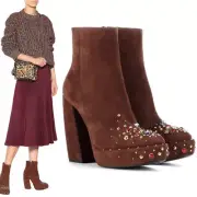 sz 38.5 NEW $1,200 PRADA Brown Suede Chunky Heel PLATFORM ANKLE JEWEL TOE BOOTS