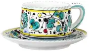 Coffee Cup and Saucer Deruta Majolica Orvieto Rooster Green Ceramic Dishwasher