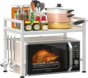 [PUSDON] Extendable Microwave Oven Rack, Adjustable Microwave/Toaster Shelf Heavy Duty Stand Kitchen Counter Top Organizer(L15.7~23.6" xW12.6 xH18.9), 2-Tier with 3 Hooks, 160lbs Weight Capacity, White