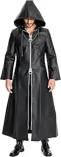 [Wecos] Mens Hooded Cloak Robe Role Play Costume Cosplay Office Uniform Coat Halloween Long Leather Jacket Costume