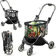 SNSUTY Foldable Shopping Cart, 85 Liters Grocery Cart Utility Carts, Two Layers Shopping Trolley with Wheels ＆ Stylish Removable Tote, One-Handed Compact Fold, and One-Step Parking Brake Multi Use
