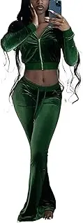 [qfmqkpi] Two Piece Outfits for Women Crop Top Zip Jacket and Flare Pants Set Velour Tracksuit, A-deep Green, Small