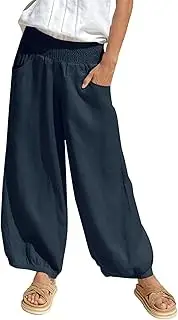 [Generic] Summer Lightweight Linen Pants for Women Casual Beach Plain Comfy Harem White Leggings with Wide Leg Ladies Pack Long Straight Leg Black Trousers Elastic Waist