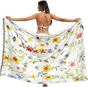 [RPLIFE] Watercolor Wildflowers White Sarong Wraps for Women Tassel Beach Sarong Cover Up Women, Large, Watercolor Wildflowers White, Large