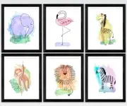 6 x A4 Nursery/Baby wall prints african animals gift girl giraffe elephant lion