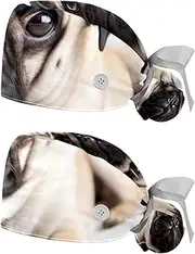 [YTYVAGT] 2-Pc,Nurse Scrub Caps,Scrub Hats with Buttons and Cotton Sweatband,Bulldog Pet Dog