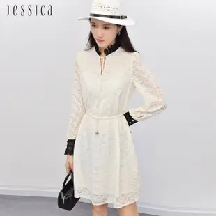 【JESSICA】高雅寬鬆綁帶拼色立領長袖蕾絲洋裝233370
