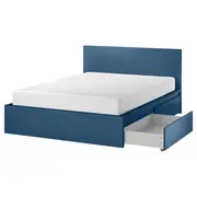 MALM bed frame, high, w 4 storage boxes, blue/Luröy, Double