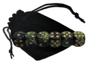 Set of (6) 16mm Pearlized Dual Color Green Black Dice Gold Pips + Storage Pouch