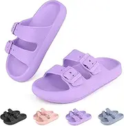 [Tsukare] Kids Buckle Cloud Slides丨Boys Girls Slip On Sandals丨Youth Shower Flip Flops Beach Pool Shoes EVA Adjustable Summer Slippers （12 Little Kids - 7 Big Kids）