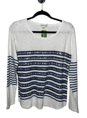 Orvis Sequin Stripe Top Small White Long Sleeve Pullover Cotton Shirt Coastal