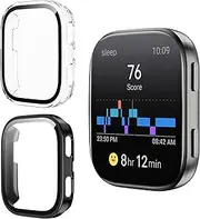 Fhyeugfy for A-mazfit Bip 6 Case,[2 Pack] Hard PC Case with Tempered Glass Screen Protector,Ultra-Thin Scratch Resistant Cover for A-mazfit Bip 6-Clear+Black