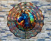 10" Blue Horse and Flowers Wind Spinner Yard Decor 3D Kinetic rws-154