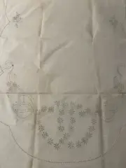 2 Vtg Ivory Linen Dresser Scarfs with Hearts & Ribbons 12x18 and 18x45