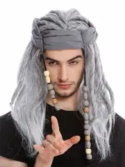 Wig Men Pirate Scarf Dreadlocks Long Wild Grey Old