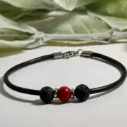 Red Jasper and Lava Beaded Bracelet on a 3mm Rubber Cord with Stainless Clasp
