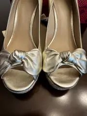 NIB TORY BURCH DORY 85MM WEDGE ESPADRILLE LGT GRAINED METALLIC Spark Gold SZ 11